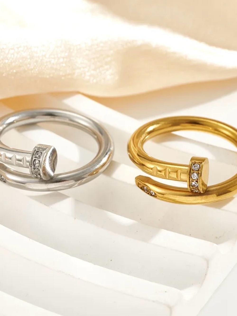 Gold and Silver Nail Wrap Rings with Crystal Accents